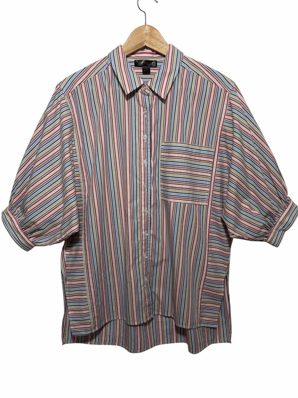 Renuar Womens Puff Sleeve Multistripe Button Front Shirt Hi Low Size M Cotton